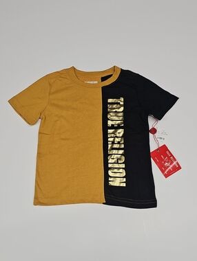 NWT True Religion Kids Two-Tone Mustard and Black Tee with Gold Logo Size 6Y